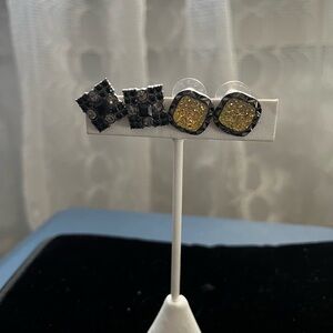 Gold Glitter and Black Crystal Stud Earring Set